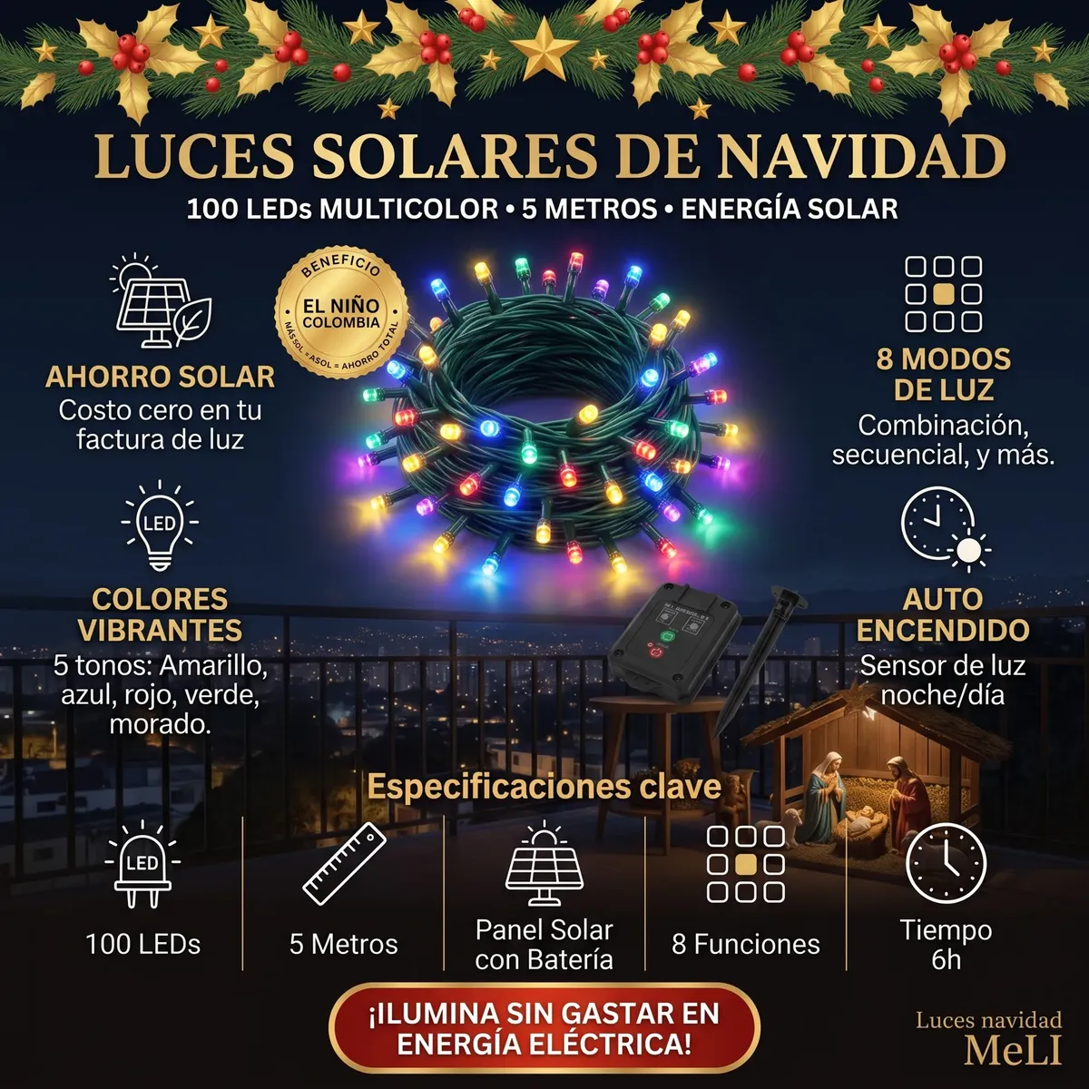 LUCES DE NAVIDAD CON PANEL SOLAR DE 100 BOMBILLOS